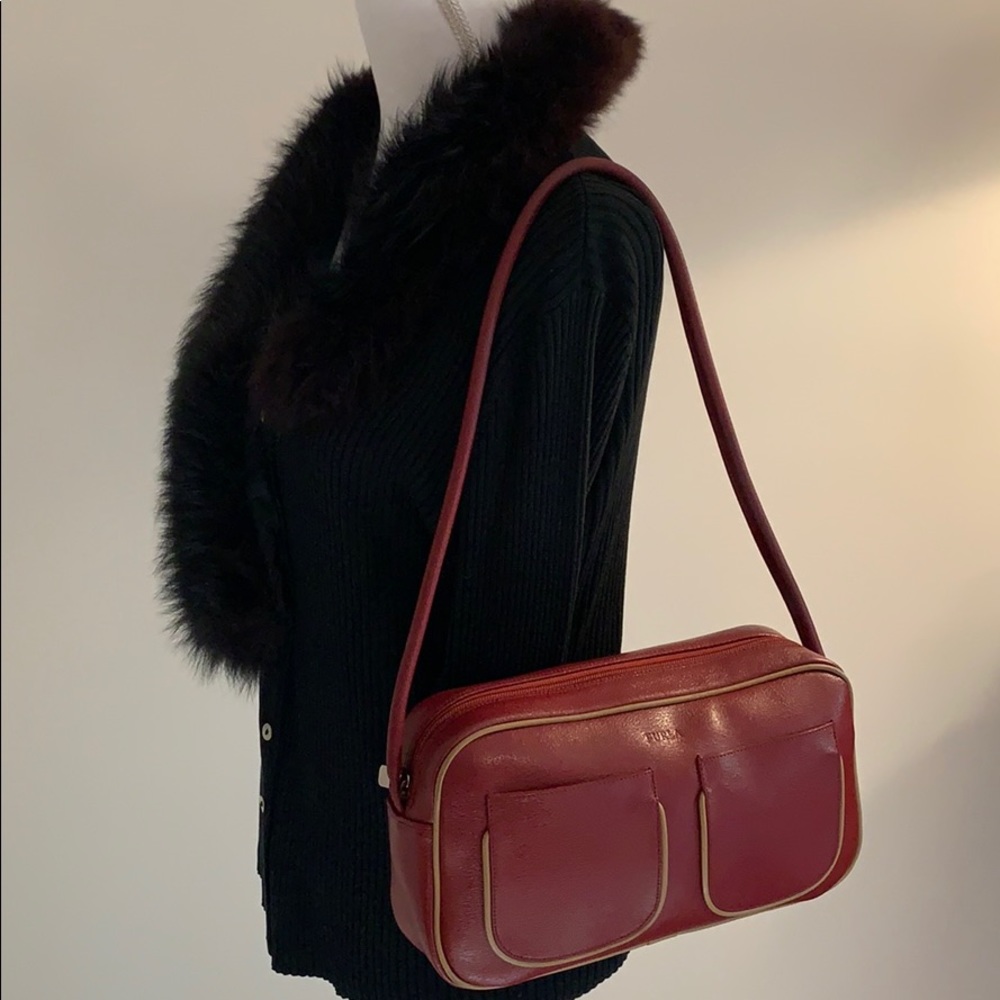 Furla Deep Red Leather Satchel w/Taupe Trim